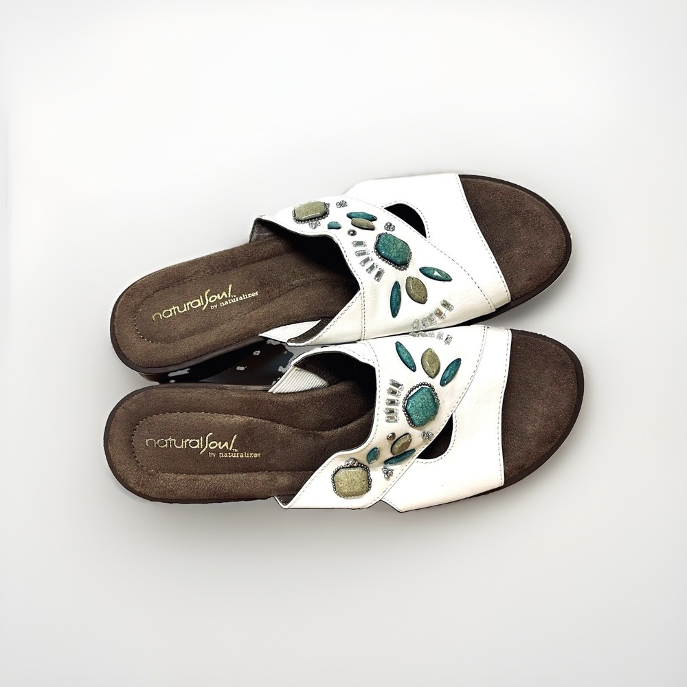 Naturalizer Natural Soul Slide Sandals Sz8M Josie White Turquoise Southwest Boho